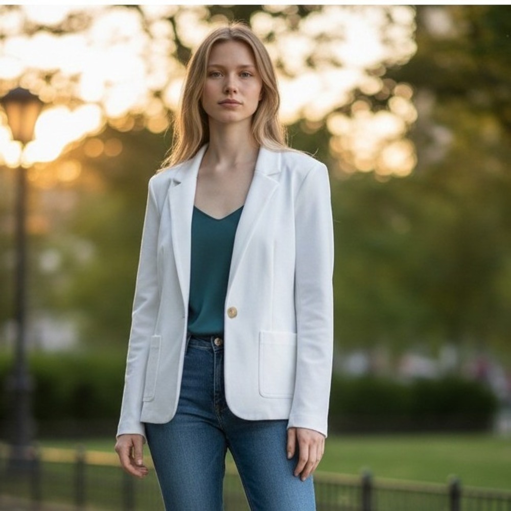 Loft Petites White Knit Blazer Single Button Stretch Jacket Womens Large Casual